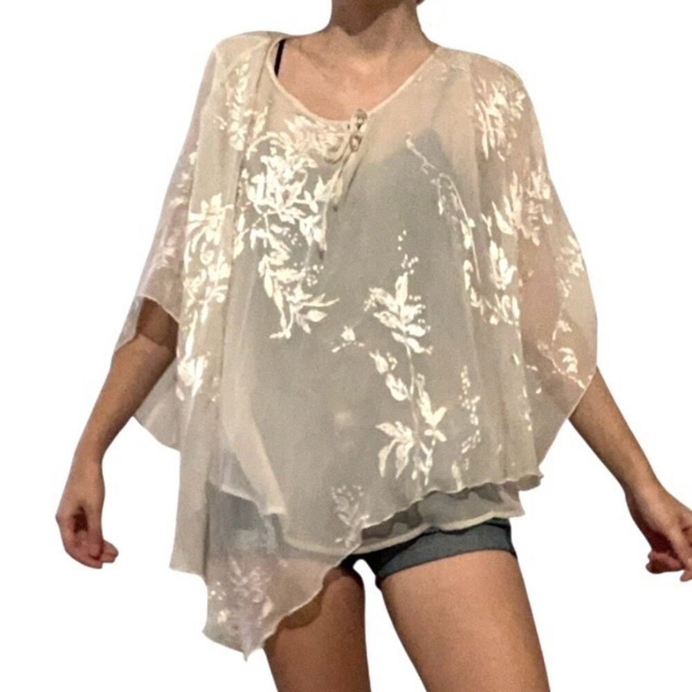 Y2K 100% Silk Sheer Cream Floral Poncho – Boho One Size